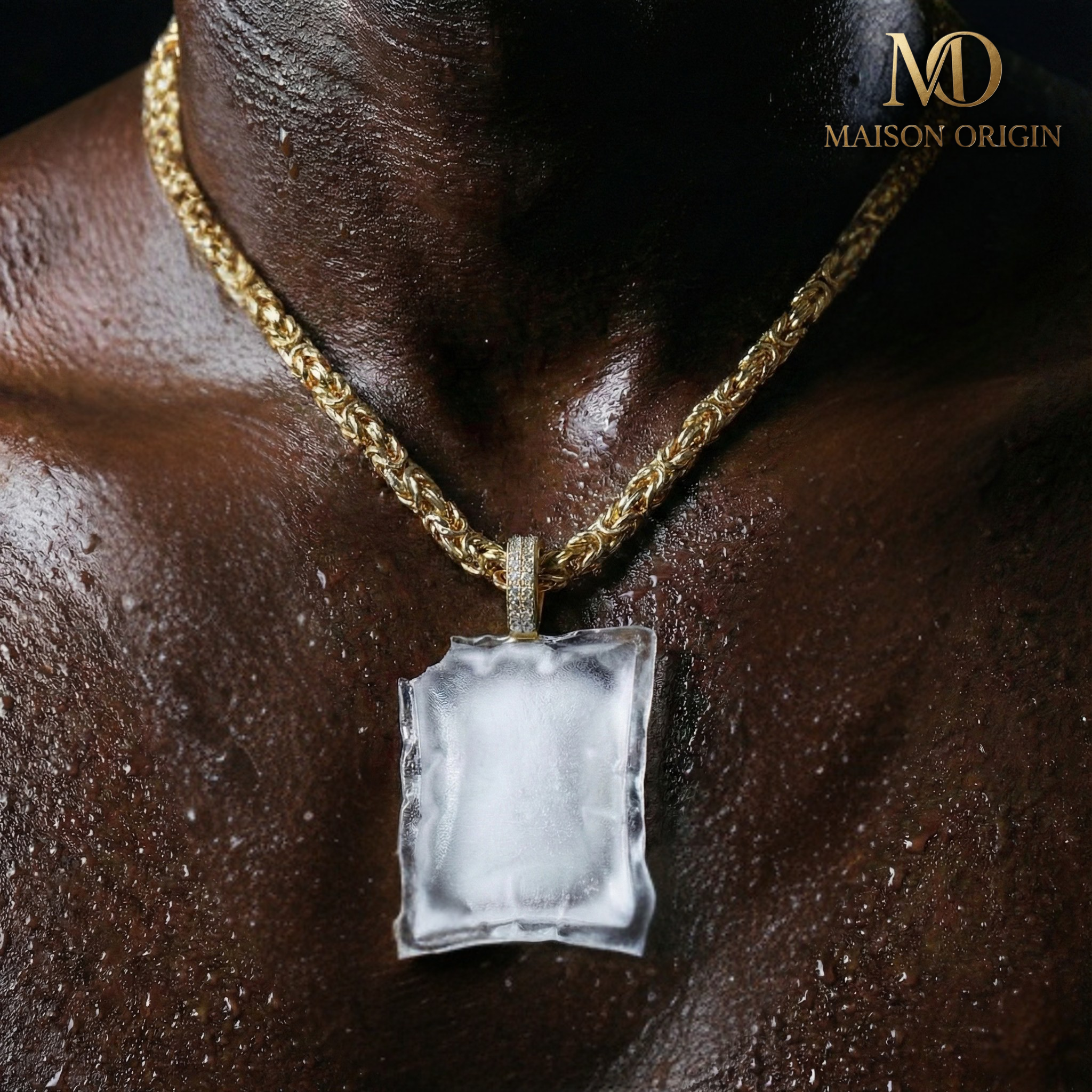Maison Origin jewelry campaign featuring an ice-bag pendant